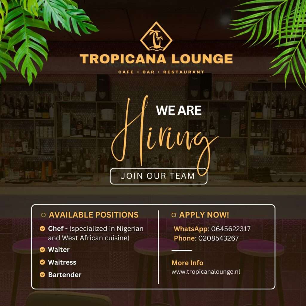 Experience the vibrant atmosphere of Tropicana Lounge in Amsterdam, an African-inspired restaurant and bar offering a selection of flavorful grilled dishes, tropical cocktails, and a cozy lounge area perfect for dining, relaxation, and events.